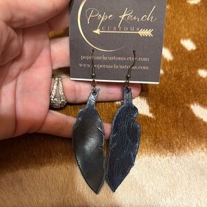 Blue Leather Feather Earrings
